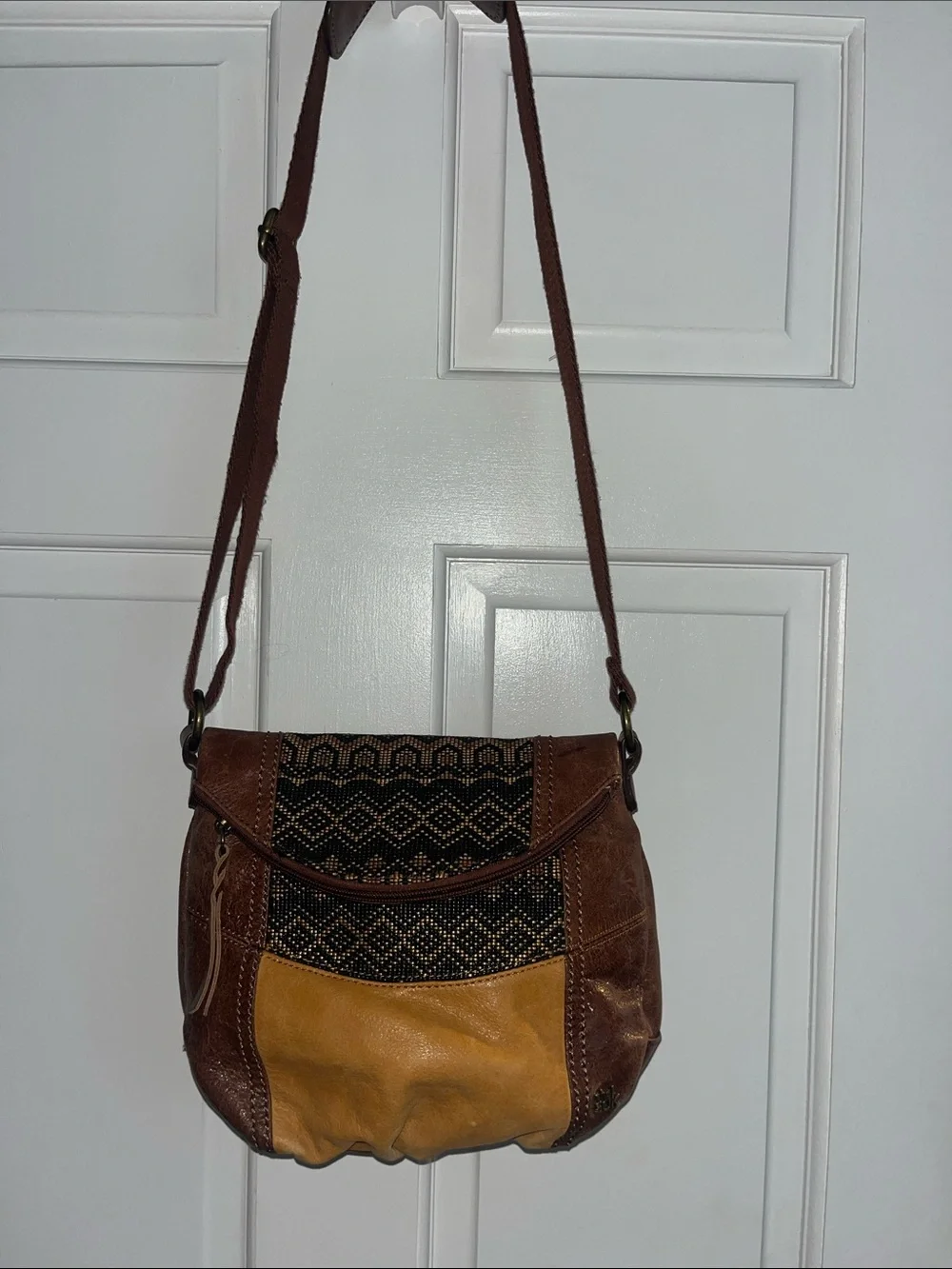 The Sak Deena Flap Brown & Mustard Leather Crossbody Bag with Woven Detail